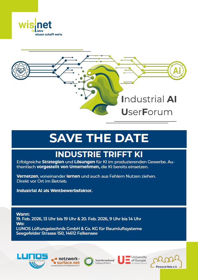 Oben: Logo und Text "Industrial AI UserForum". Unten die aktuelle Information zur Veranstaltung.